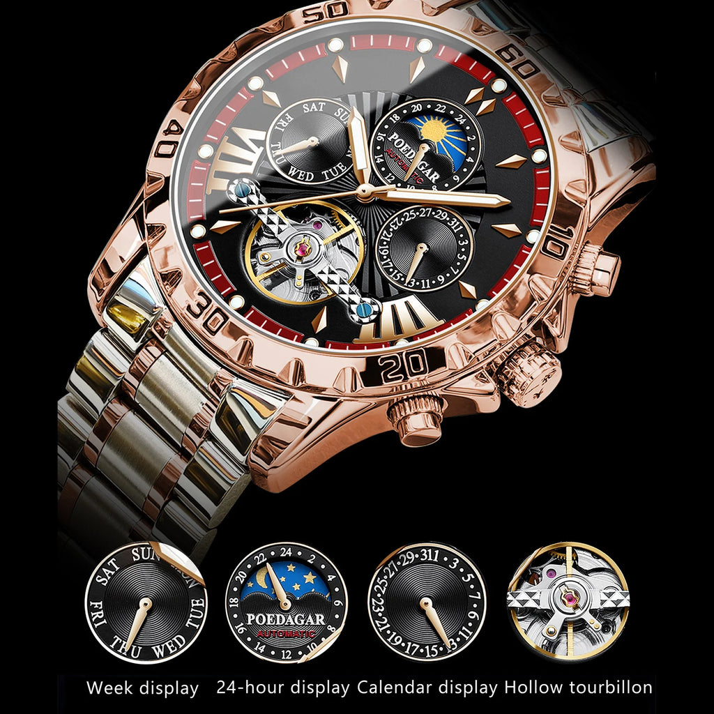 Poedagar 1410 Men's Luxury Hollow Tourbillon Automatic Men Watch Waterproof Luminous Stainless Steel Mechanical Watch