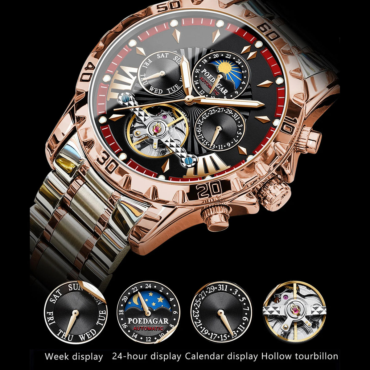Poedagar 1410 Men's Luxury Hollow Tourbillon Automatic Men Watch Waterproof Luminous Stainless Steel Mechanical Watch