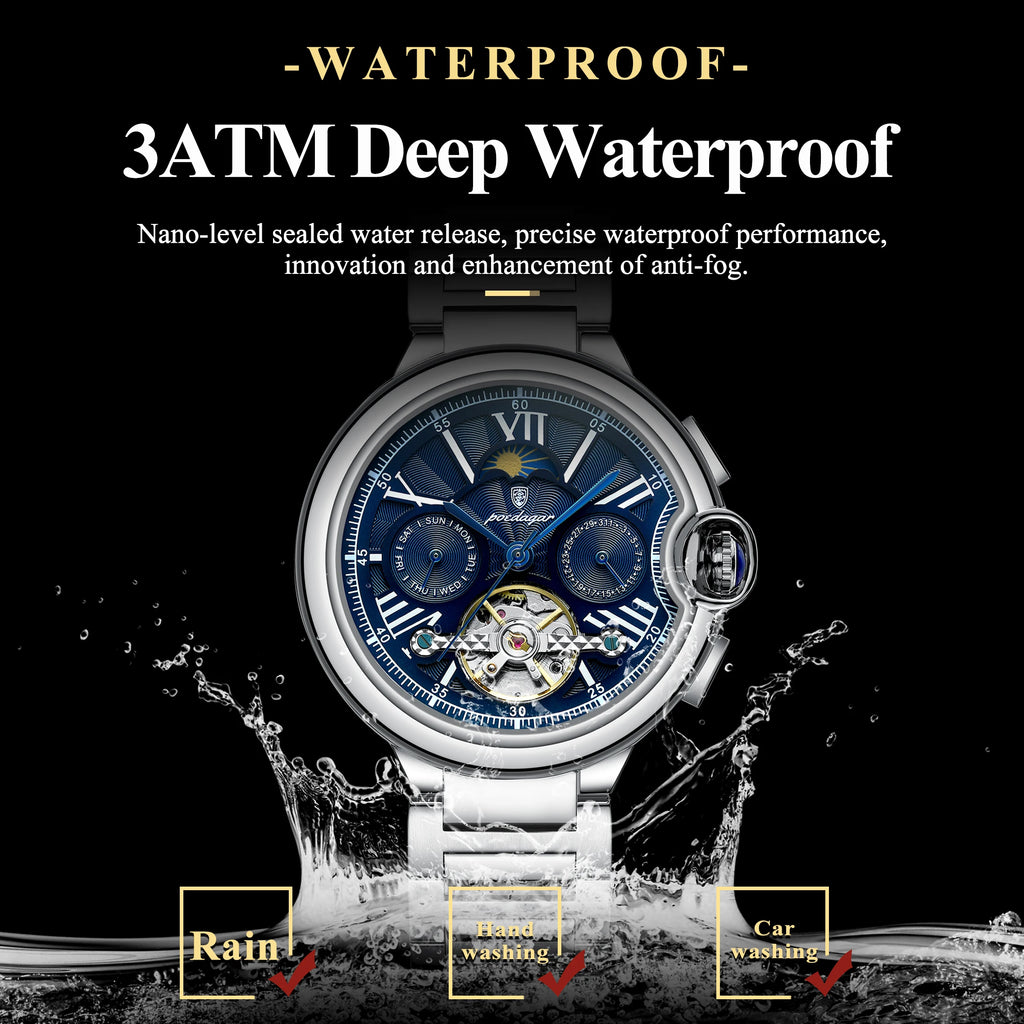 Poedagar 1413 Luxury Men's Mechanical Watch Fashion Hollow Tourbillon Montre Waterproof Stainless Steel Automatic Watch for Men