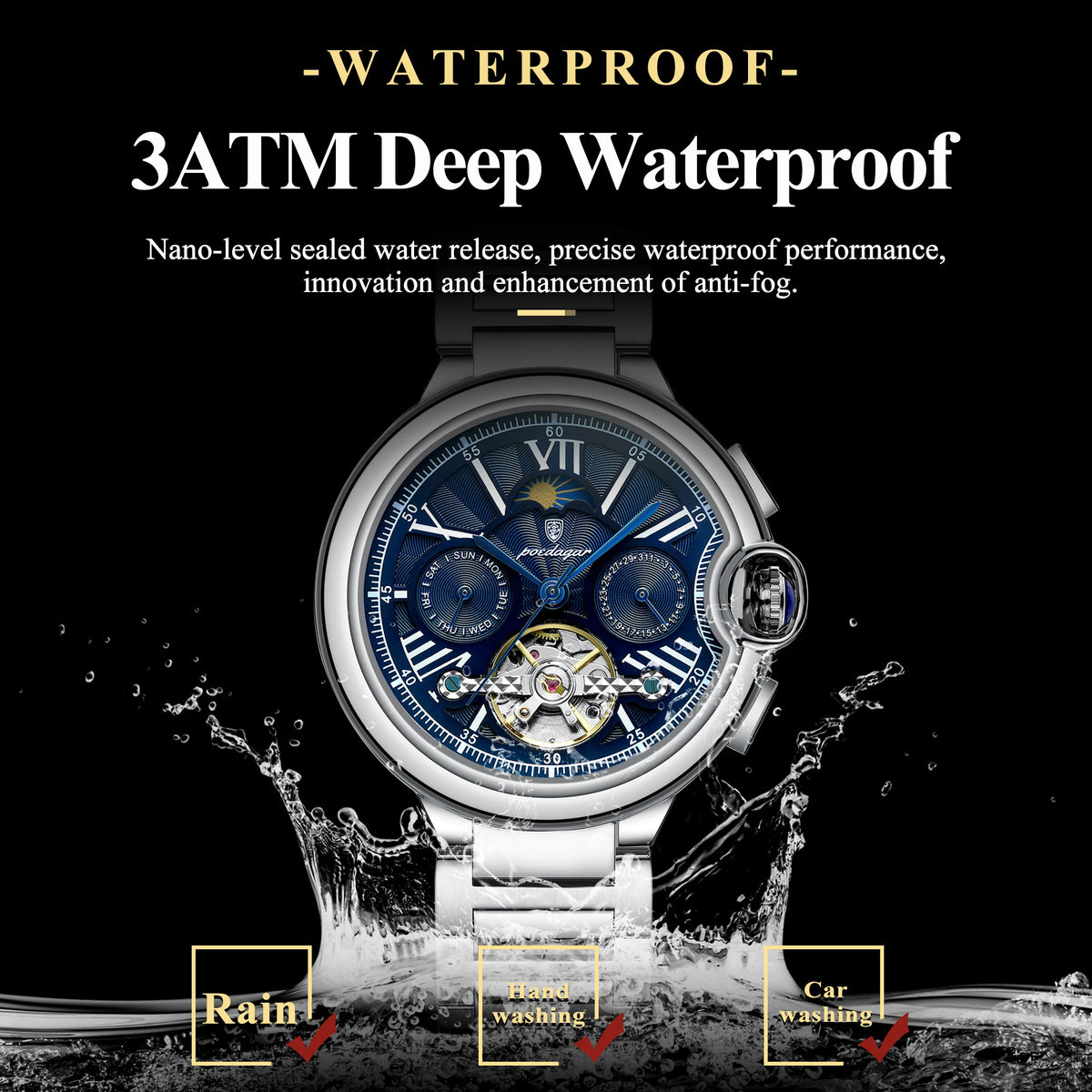 Poedagar 1413 Luxury Men's Mechanical Watch Fashion Hollow Tourbillon Montre Waterproof Stainless Steel Automatic Watch for Men