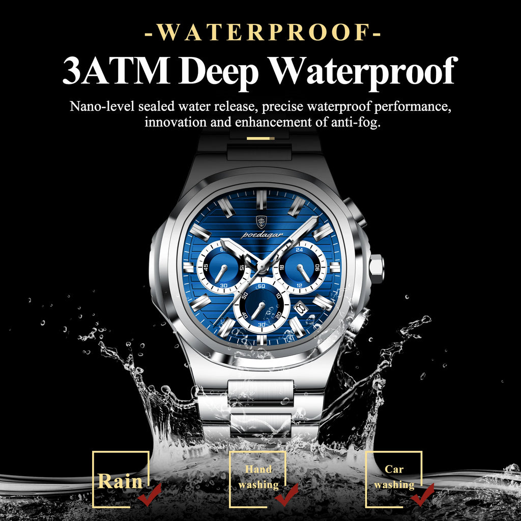 Poedagar Original Business Stainless Steel Montre Homme Waterproof Luminous Chronograph Men's Quartz Watch