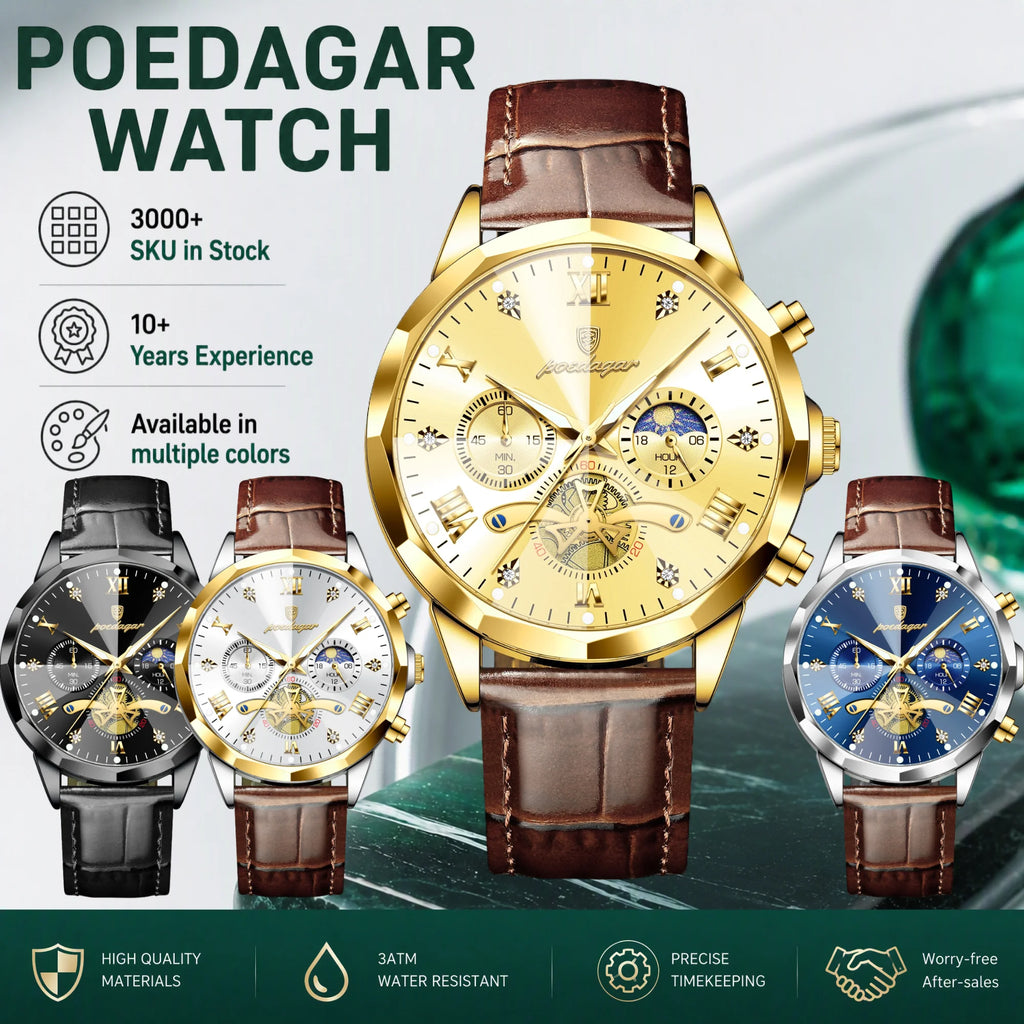 Watch for Men Luxury Poedagar 938 All Gold Dial Reloj Leather Strap Chronograph Quartz Watches Luminous Waterproof Men's Watch