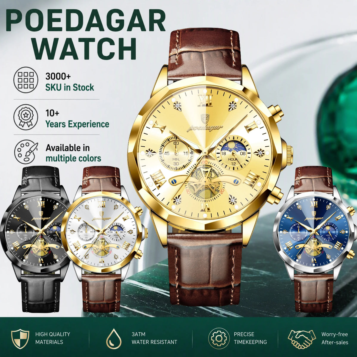 Watch for Men Luxury Poedagar 938 All Gold Dial Reloj Leather Strap Chronograph Quartz Watches Luminous Waterproof Men's Watch