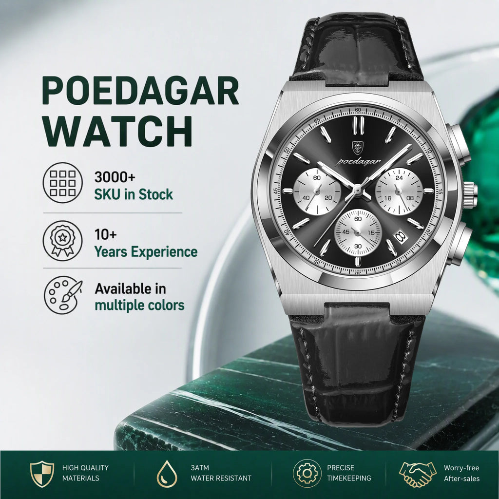 Poedagar 970 Luxury Men's Watch Leather Strap Sports Chronograph Quartz Watches Montre Homme Waterproof Luminous Watch for Men