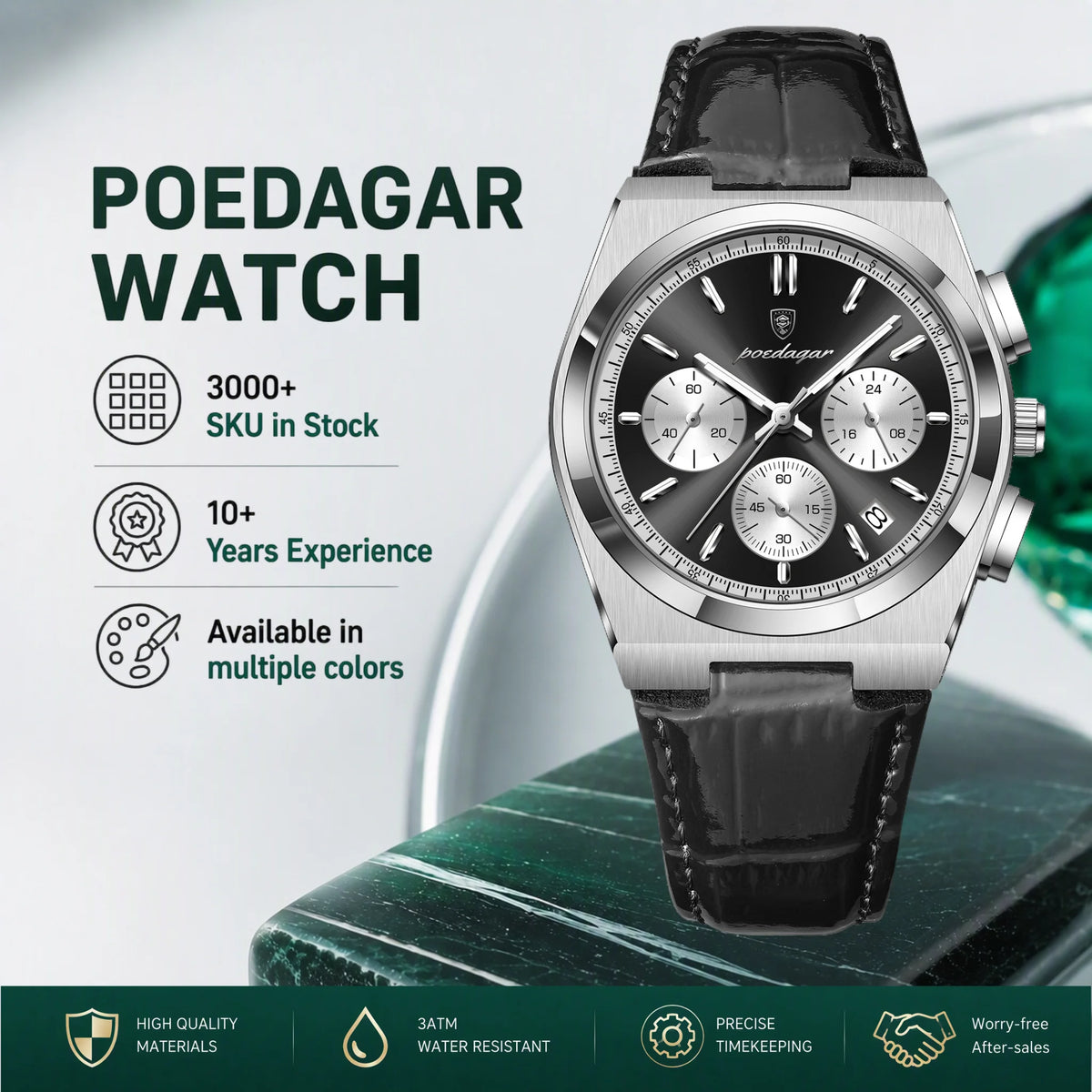 Poedagar 970 Luxury Men's Watch Leather Strap Sports Chronograph Quartz Watches Montre Homme Waterproof Luminous Watch for Men