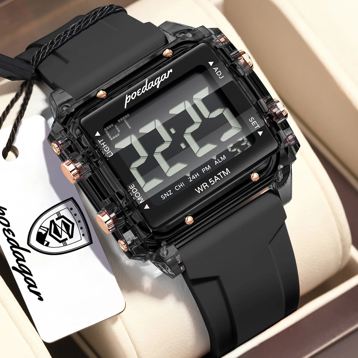 Poedagar E123 Trendy Mens Watch Original Digital LED Display 50M Waterproof Multifunction Electronic Sports WristWatch Reloj