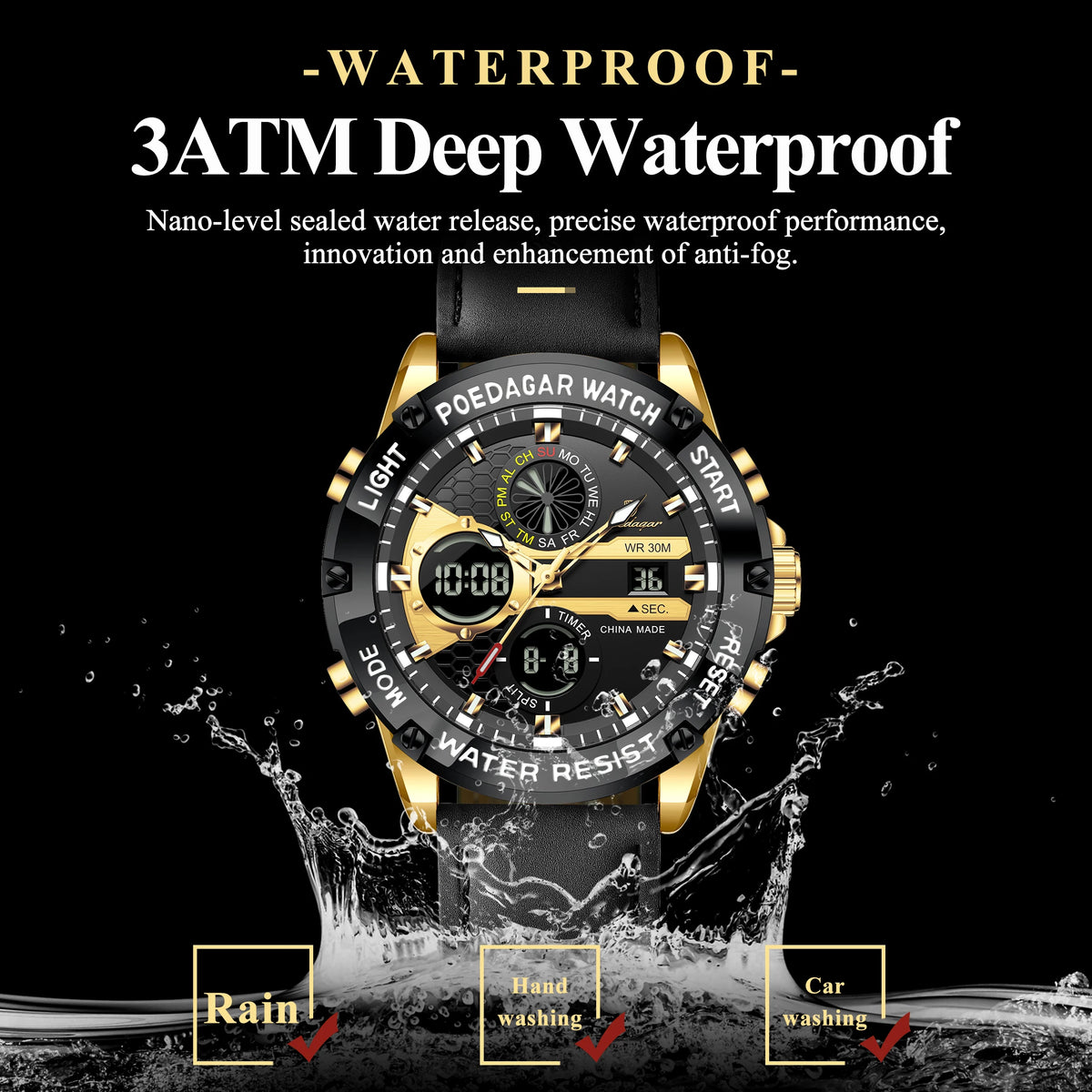 Poedagar E125 Mens Watch Dual Display Digital Analog Waterproof Montre Homme Luminous Leather Strap Sports Wristwatch for Men