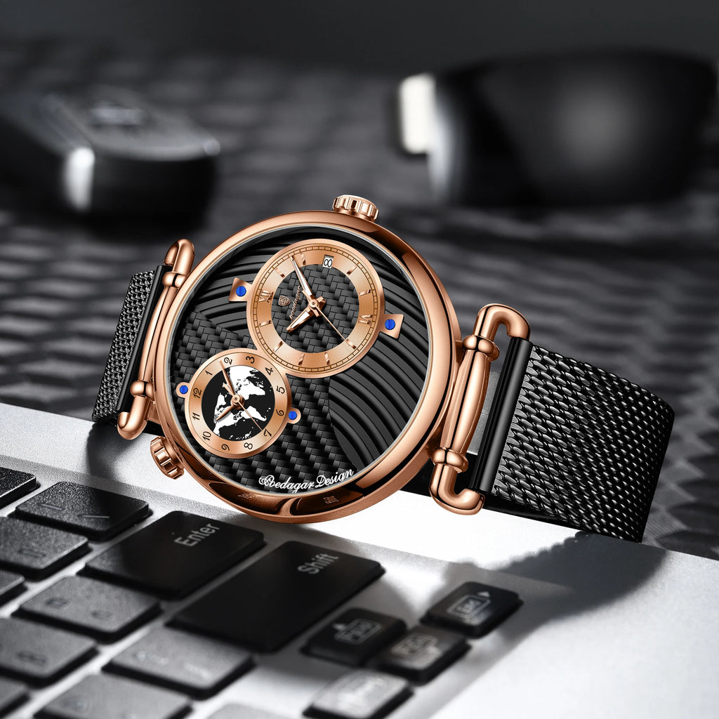 Poedagar 848 Men's Luxury Watch Dual Time Zone Retro Dial Mesh Stainless Steel Luminous Waterproof Formal Business Reloj Hombre