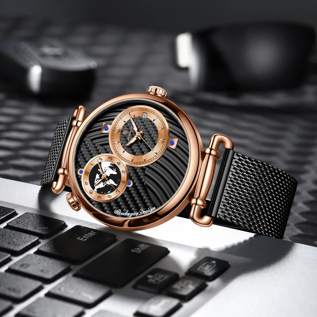 Poedagar 848 Men's Luxury Watch Dual Time Zone Retro Dial Mesh Stainless Steel Luminous Waterproof Formal Business Reloj Hombre