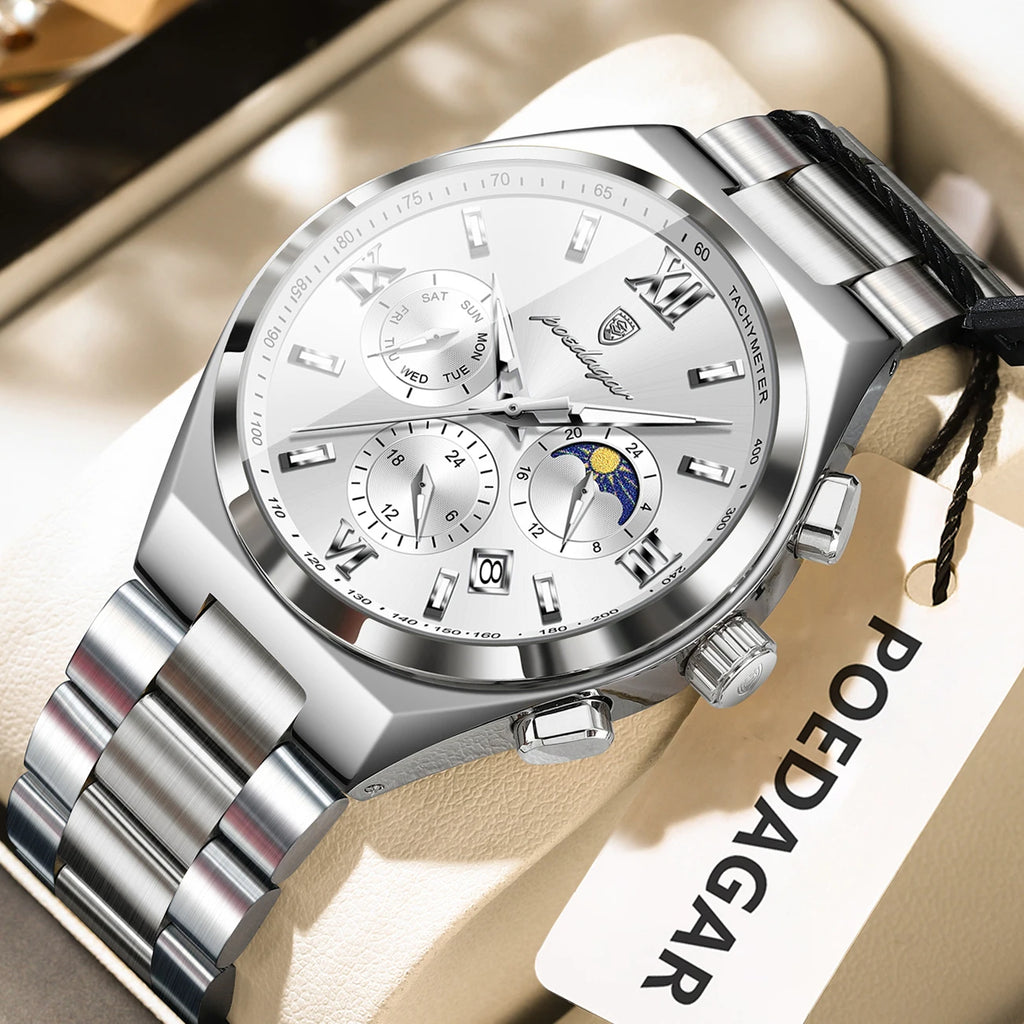 Poedagar 688 Men's Watch Luxury Chronograph Quartz Watches Relojes Hombre Waterproof Luminous Stainless Steel Wristwatch for Men