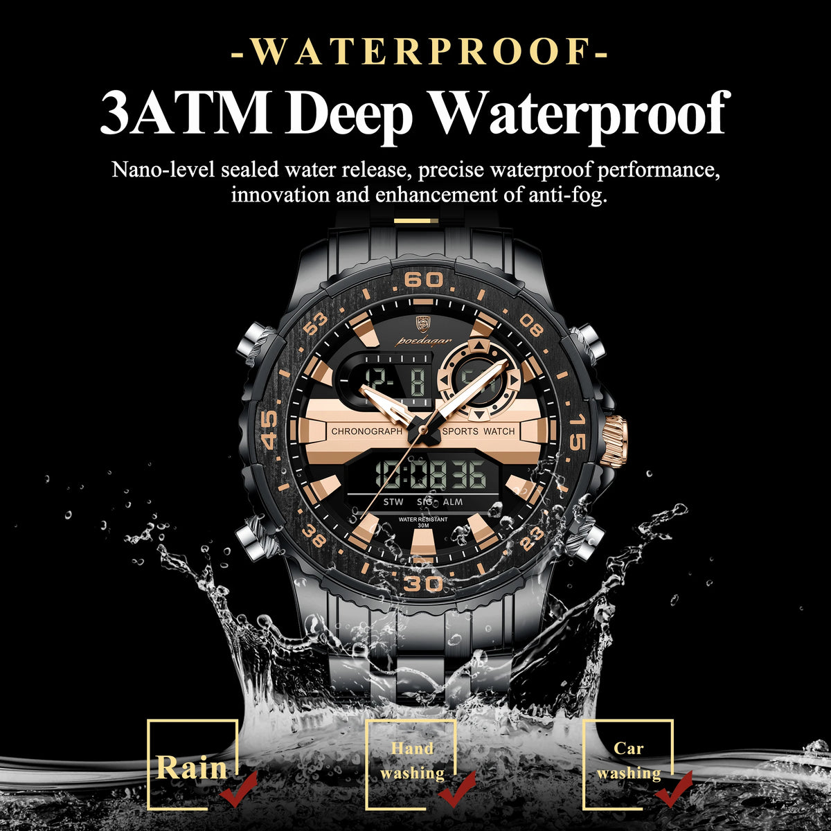 Poedagar E122 Men Watch LED Display Digital Chronograph Stainless Steel Alarm Luminous 3ATM Waterproof Factory Direct Sale Reloj