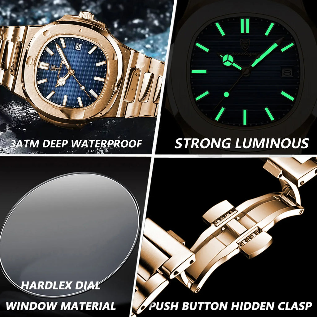 Poedagar Top Brand Luxury Fashion Rose Gold Square Men Quartz Watch Waterproof Luminous Date Stainless Steel Watch for Men