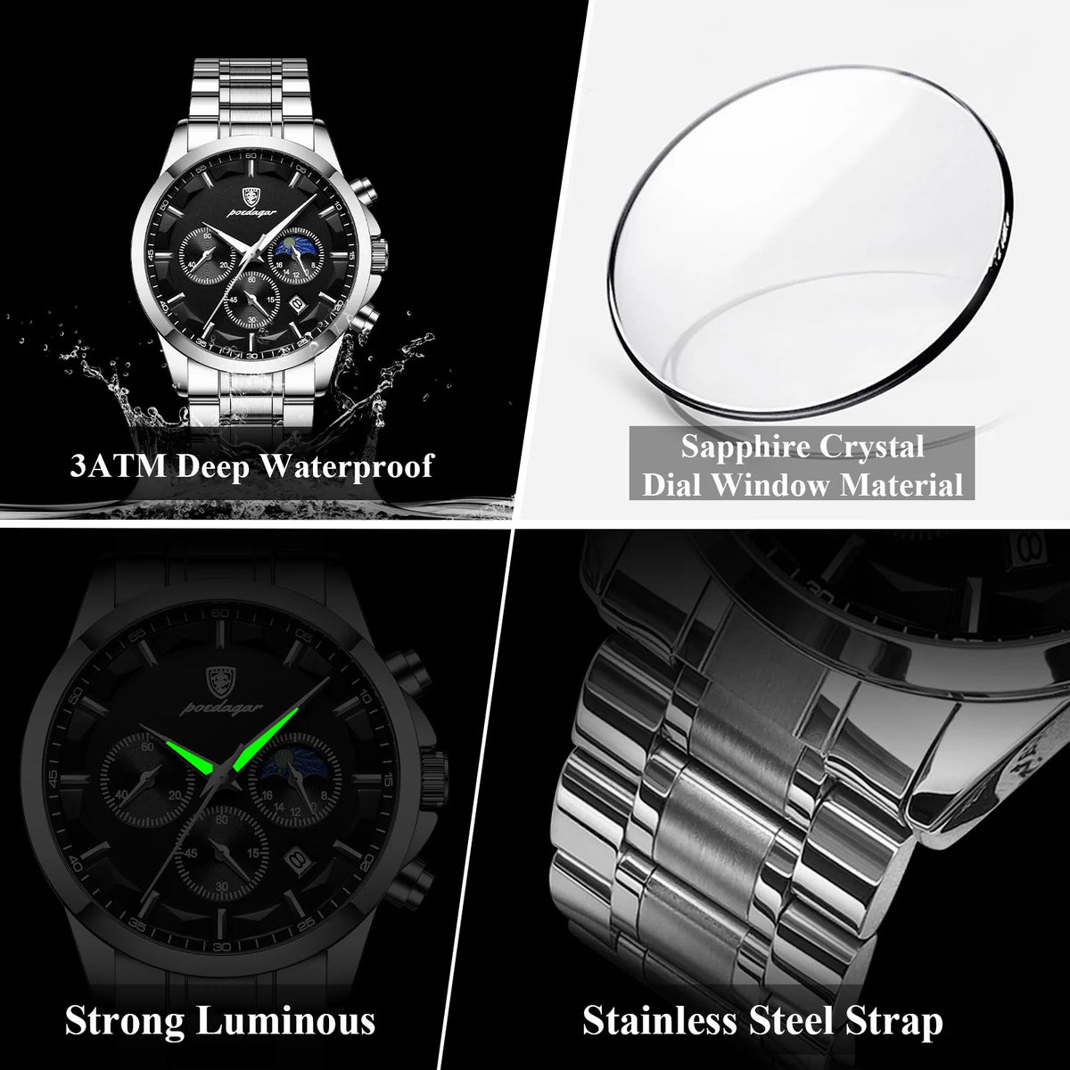 Poedagar 928 Luxury Men's Watch Casual Chronograph Watch for Men Stainless Steel Herrenuhr Waterproof Sport Quartz Watch