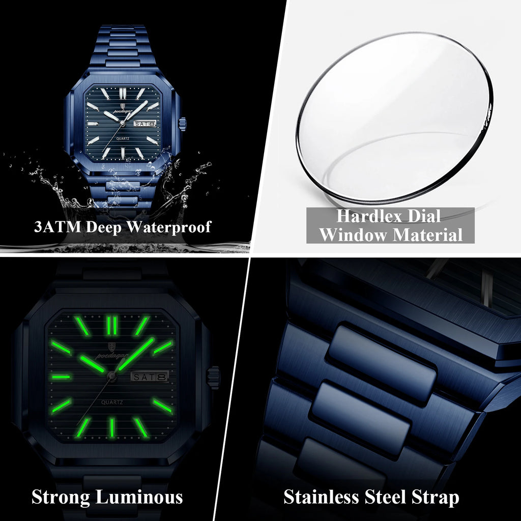 Watch for Men Luxury Poedagar 672 Business Stainless Steel Quartz Wristwatch Square Case Waterproof Luminous Date Men's Watch