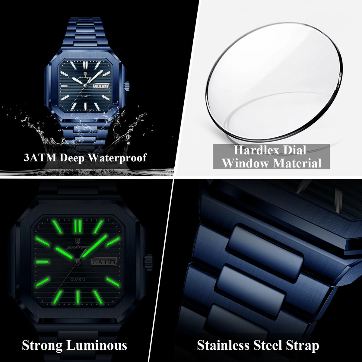 Watch for Men Luxury Poedagar 672 Business Stainless Steel Quartz Wristwatch Square Case Waterproof Luminous Date Men's Watch