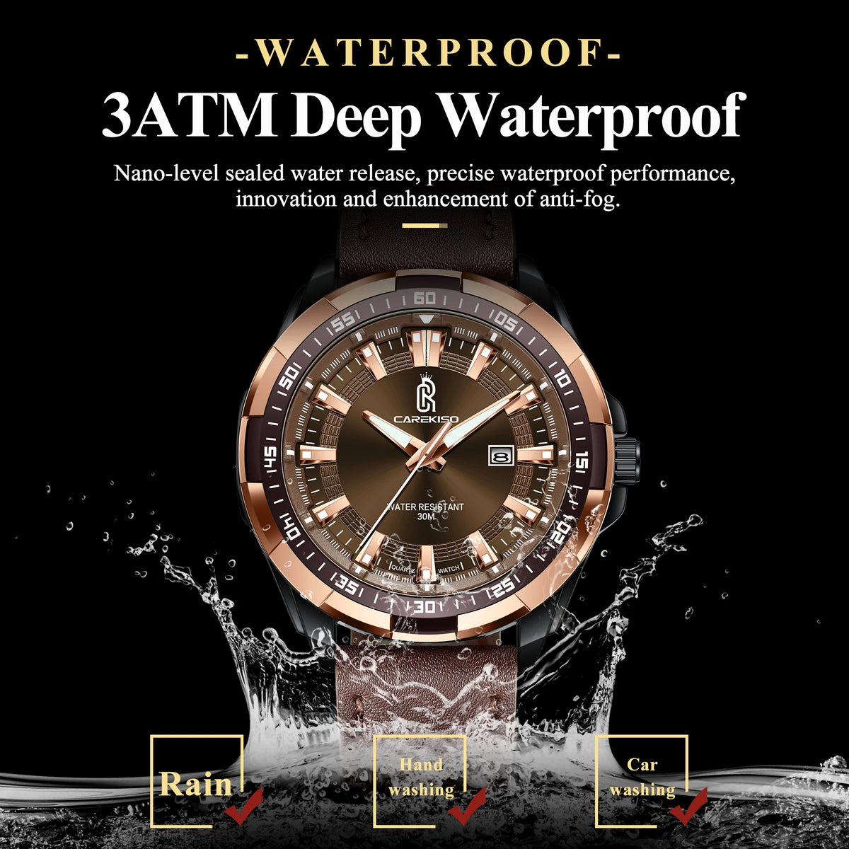CAREKISO Bulk Supply Men Alloy Case Mineral Glass Luminous Waterproof Leather Strap Business Casual Quartz Watch