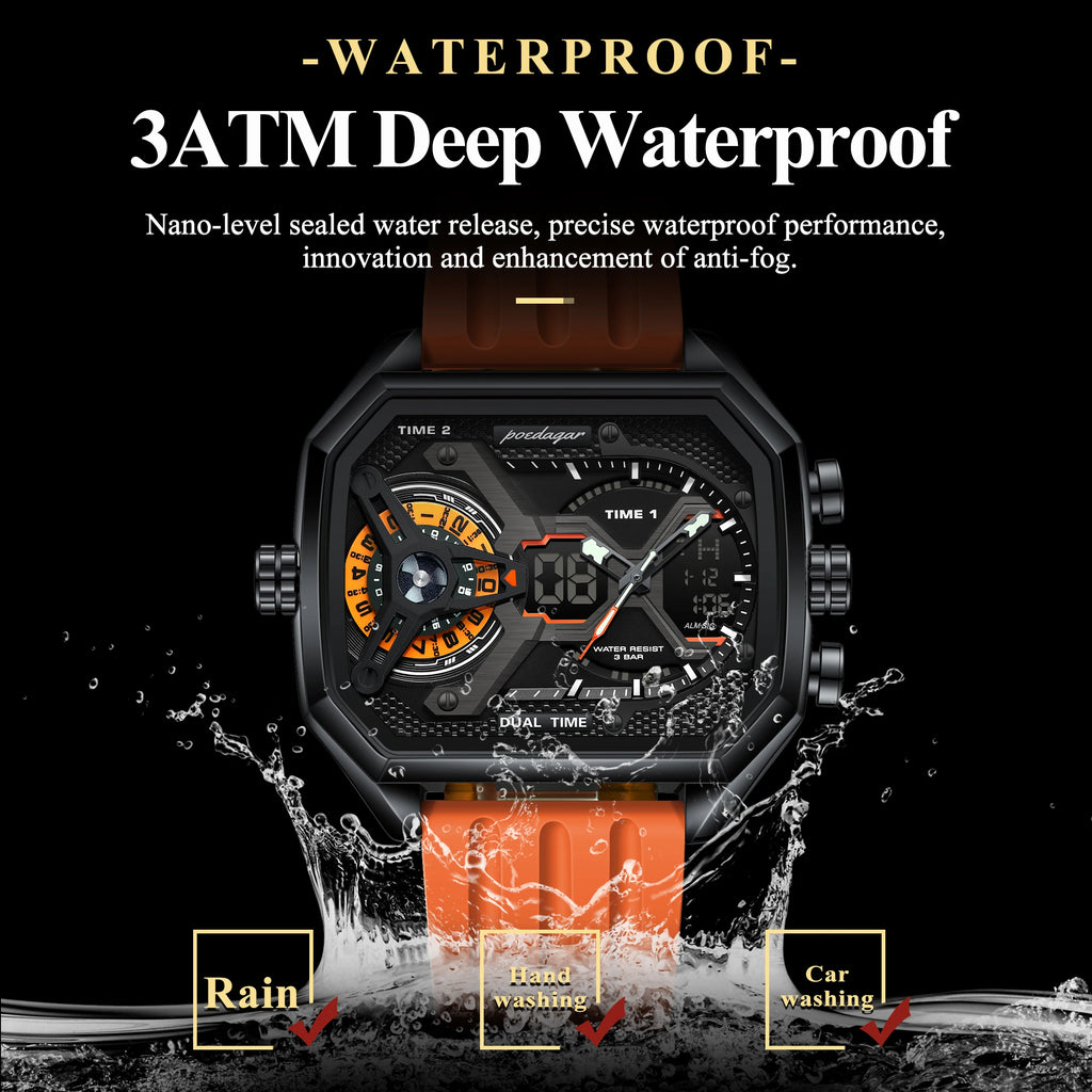 Poedagar E106 Mens Watches Silicone Strap Multifunctional Chronograph Relojes Waterproof Luminous Quartz Digital Watch for Men