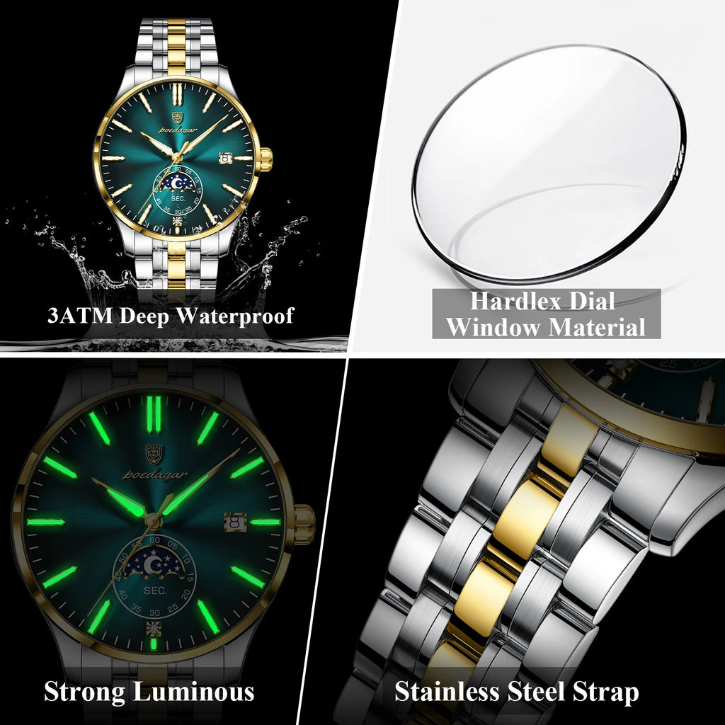 Poedagar 854 Luxury Mens Quartz Watch Stainless Steel Band Moon Phase Calendar Waterproof Business Wristwatch for Men