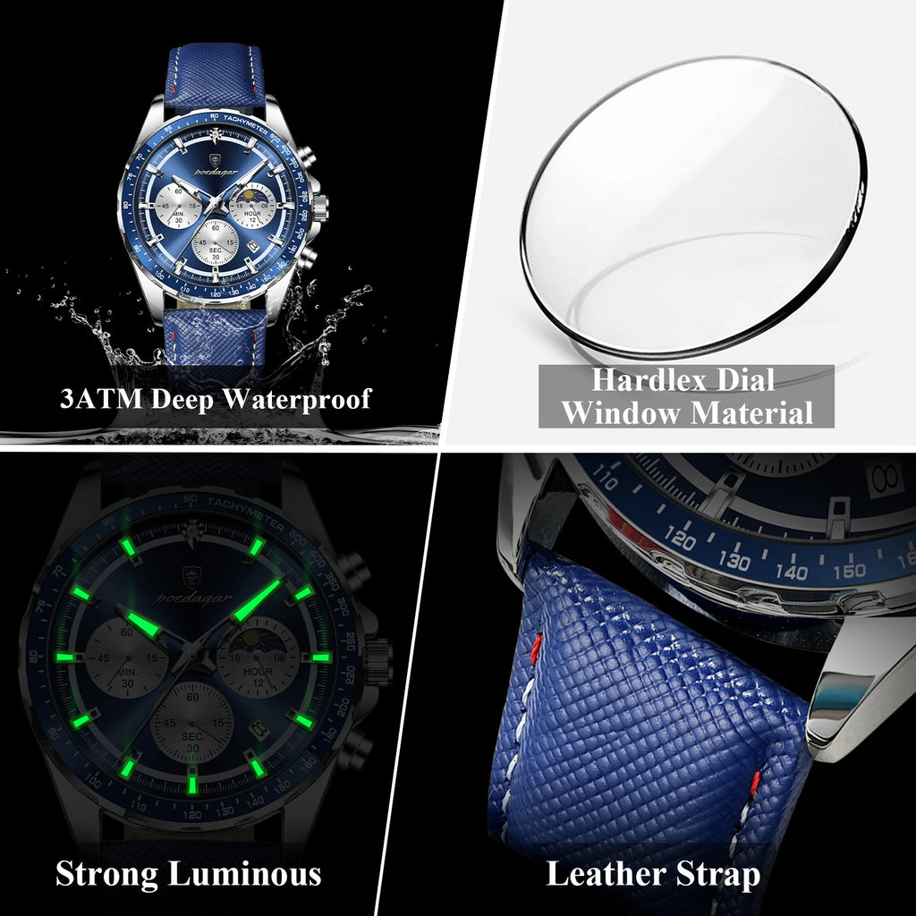 Poedagar 879 Mens Chronograph Watch Genuine Leather Tachymeter Blue Dial Quartz Wristwatch Waterproof Luminous Sport Watches