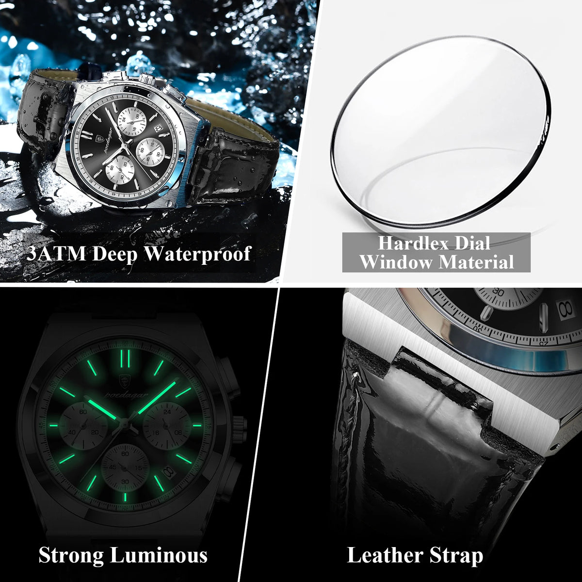 Poedagar 970 Luxury Men's Watch Leather Strap Sports Chronograph Quartz Watches Montre Homme Waterproof Luminous Watch for Men