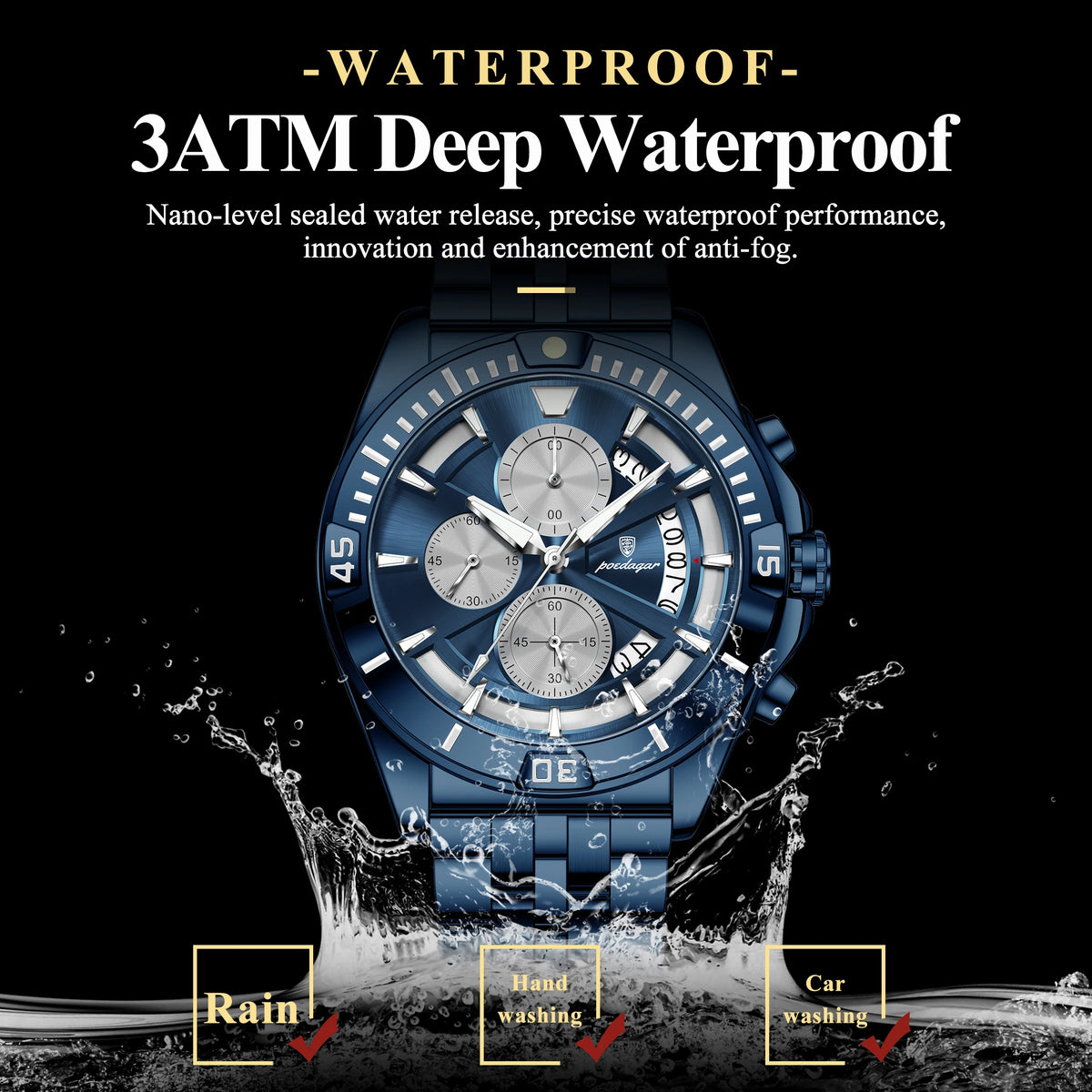 Poedagar 695 Men's Chronograph Watch Stainless Steel Waterproof Sport Daily Wear Casual Luminous Chronograph Montre Homme