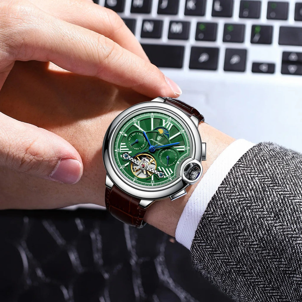 Poedagar 1413 Luxury Men's Automatic Mechanical Watch Hollow Tourbillon Leather Strap Reloj Luminous Waterproof Watch for Men