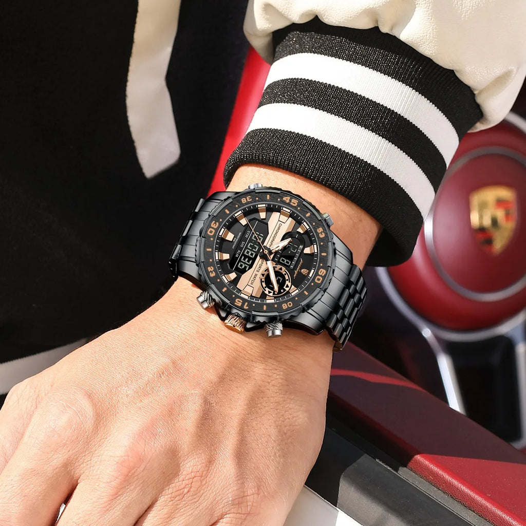 Poedagar E122 Men Watch LED Display Digital Chronograph Stainless Steel Alarm Luminous 3ATM Waterproof Factory Direct Sale Reloj