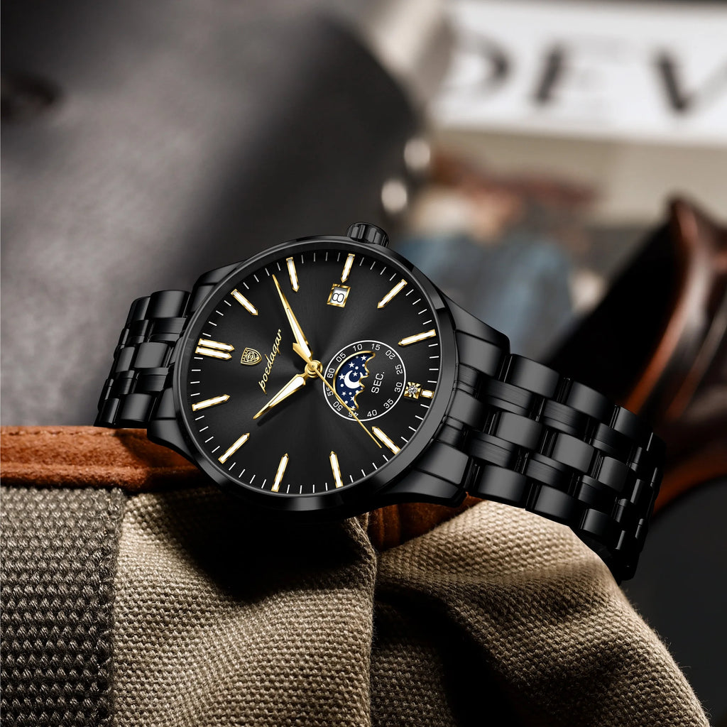 Poedagar 854 Men's Watch Stainless Steel Bracelet Moon Phase Watch Reloj Hombre Calendar Waterproof Business Wristwatch for Men