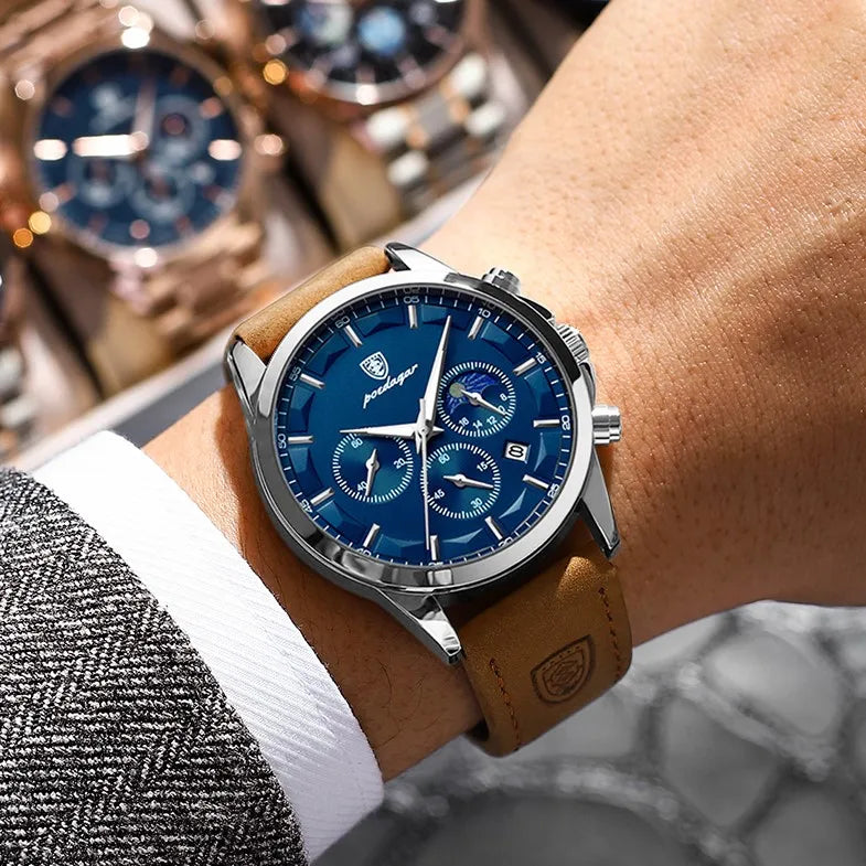 Poedagar 928 Luxury Men Wrist Watch Chronograph Sports Leather Quartz Reloj Hombre Waterproof Luminous Calendar Watches for Men