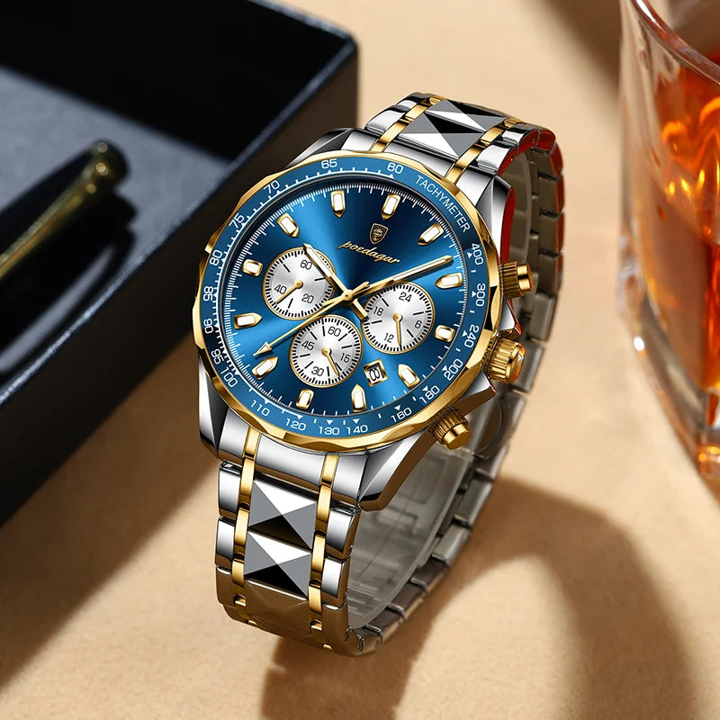 Poedagar 815 Luxury Stainless Steel Men Quartz Watches Waterproof Luminous Chronograph Watch for Men