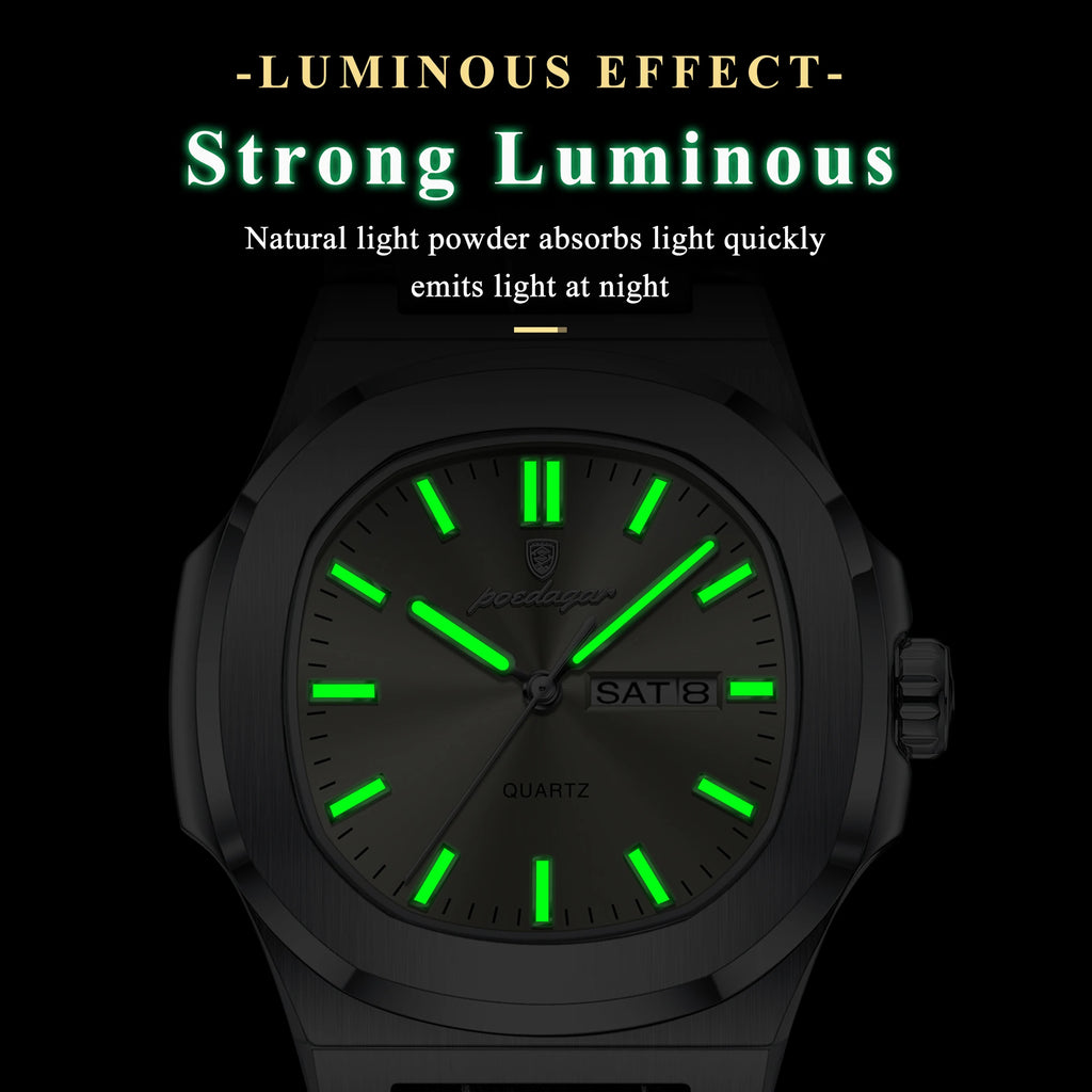 Poedagar 853 Luxury Leather Square Mens Watch Waterproof Luminous Quartz Watches Date Week Calendar Watch for Men