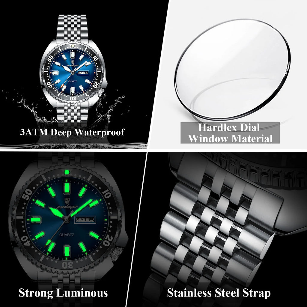 Poedagar 682 Business Casual Men Watch Rotating Bezel Date Day Luminous Waterproof Stainless Steel Quartz Wristwatch Montre