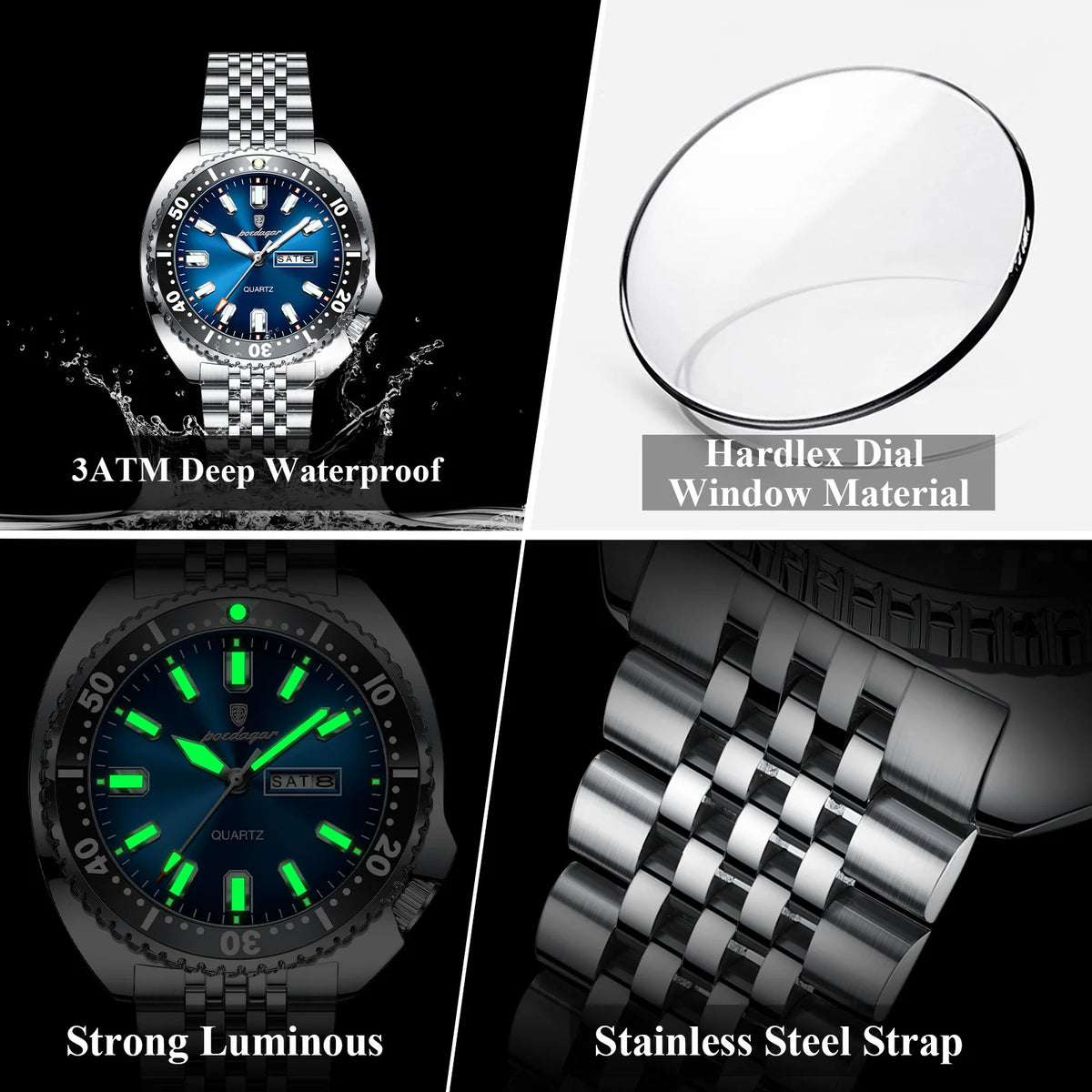 Poedagar 682 Business Casual Men Watch Rotating Bezel Date Day Luminous Waterproof Stainless Steel Quartz Wristwatch Montre