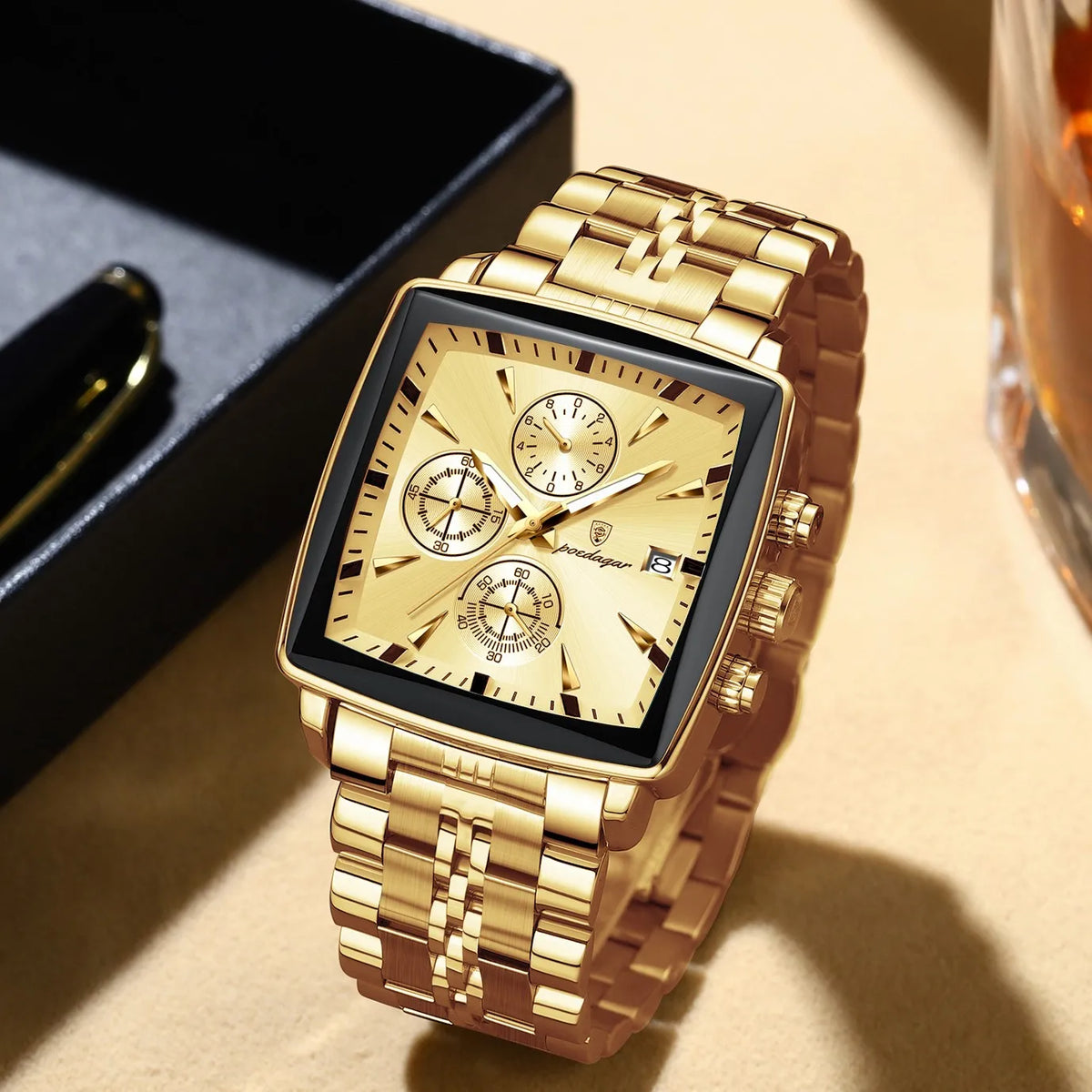 Poedagar 866 Luxury Men Watch All Gold Tone Square Chronograph Stainless Steel Luminous Waterproof Business Montre Wristwatch