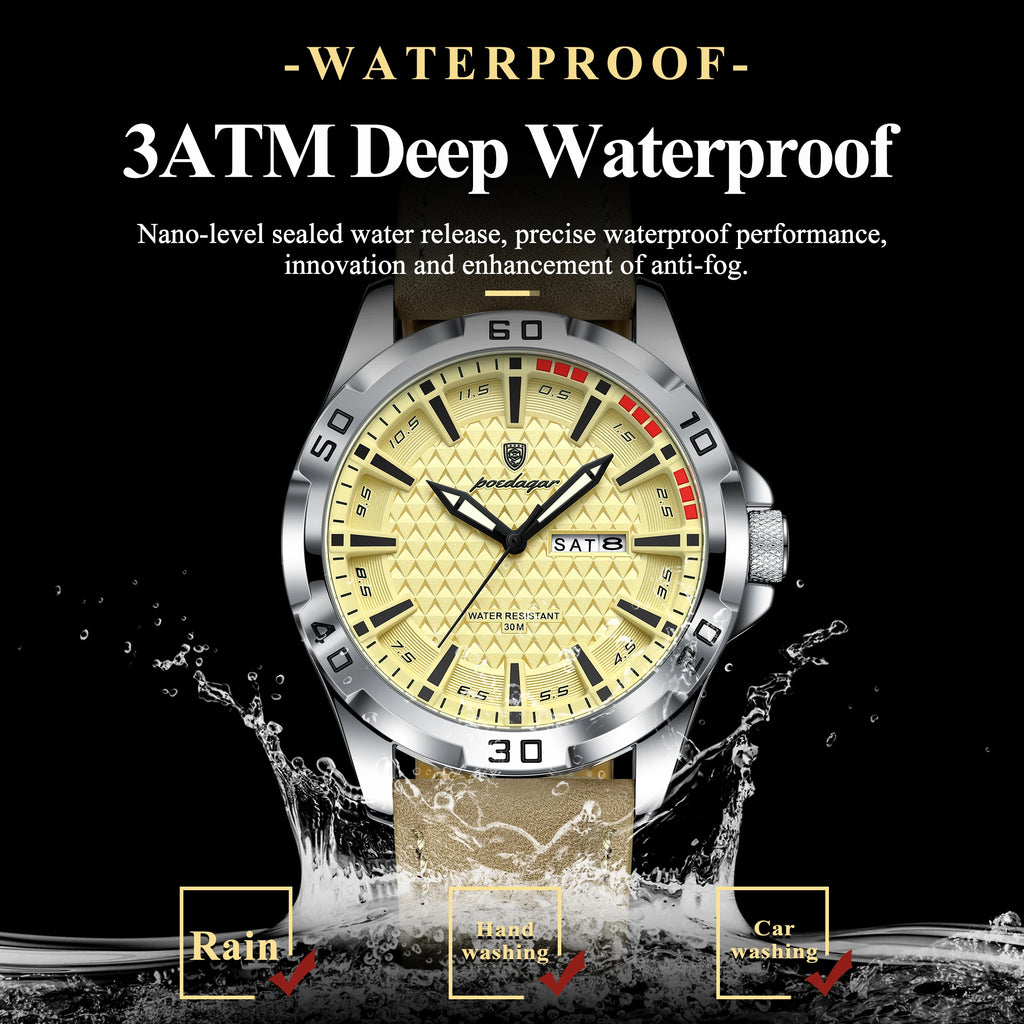 Poedagar 895 Sport Fashion Men Watch Geometric Dial Day Date Luminous Leather Strap Quartz Waterproof Watch for Men Reloj Hombre