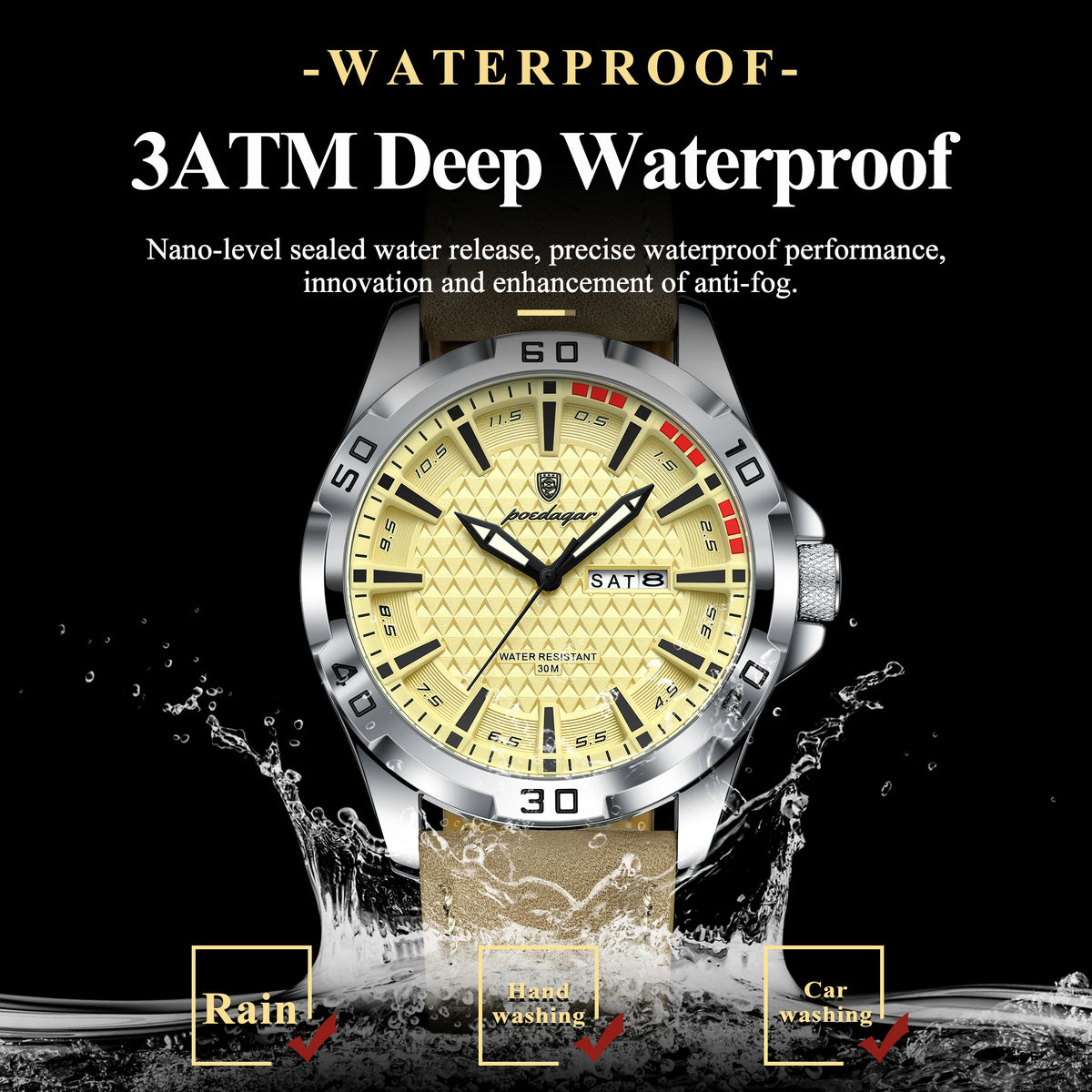 Poedagar 895 Sport Fashion Men Watch Geometric Dial Day Date Luminous Leather Strap Quartz Waterproof Watch for Men Reloj Hombre