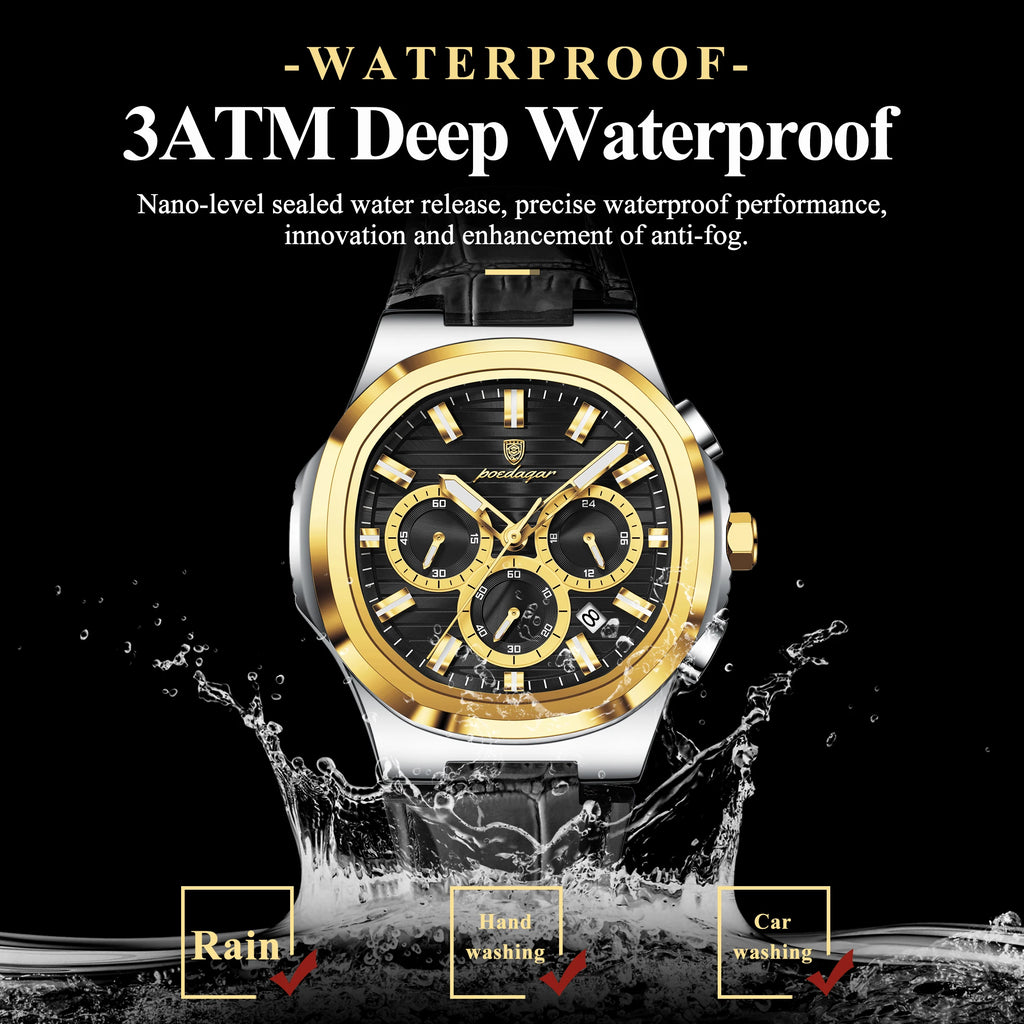 Poedagar 834 Two-Tone Gold Men's Quartz Watch Waterproof Luminous Leather Strap Chronograph Relogio Masculino Wholesale