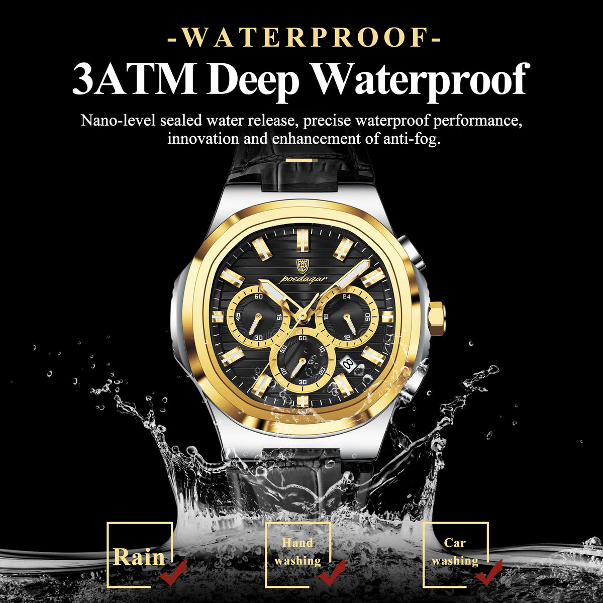 Poedagar 834 Two-Tone Gold Men's Quartz Watch Waterproof Luminous Leather Strap Chronograph Relogio Masculino Wholesale