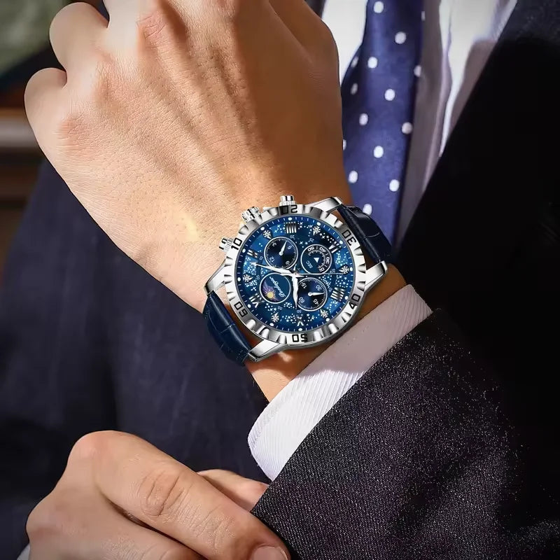 Poedagar High Quality Leather Luxury Mens Watch Waterproof Luminous Quartz Watches Chronograph Watch for Men