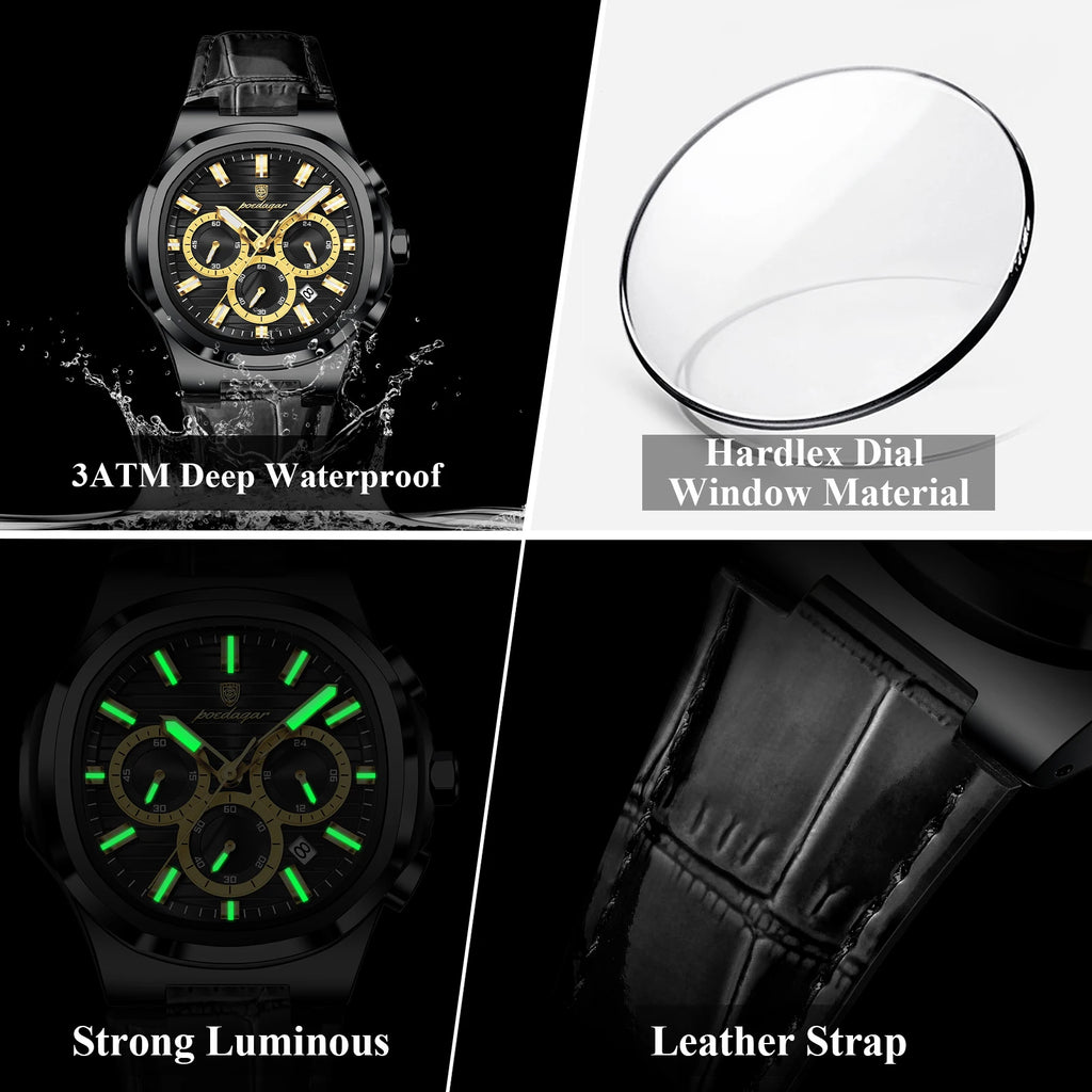 Poedagar 834 Luxury Business Quartz Watch for Men Leather Strap Waterproof Chronograph Wrist Watch Wholesale Relogio Masculino