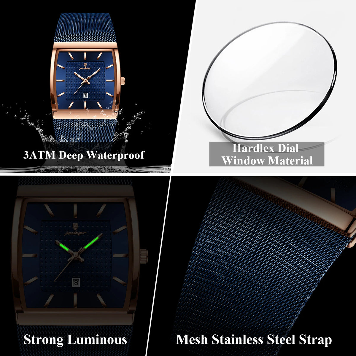 Poedagar 885 Men's Stainless Steel Mesh Quartz Watch Luminous Date Display Waterproof Luxury Fashion Watch Square Watch for Men