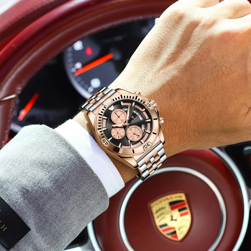 Poedagar 695 Men Dress Quartz Watches Stainless Steel Hollow Dial Daily Wear Outdoor Casual Luminous Chronograph Herrenuhr