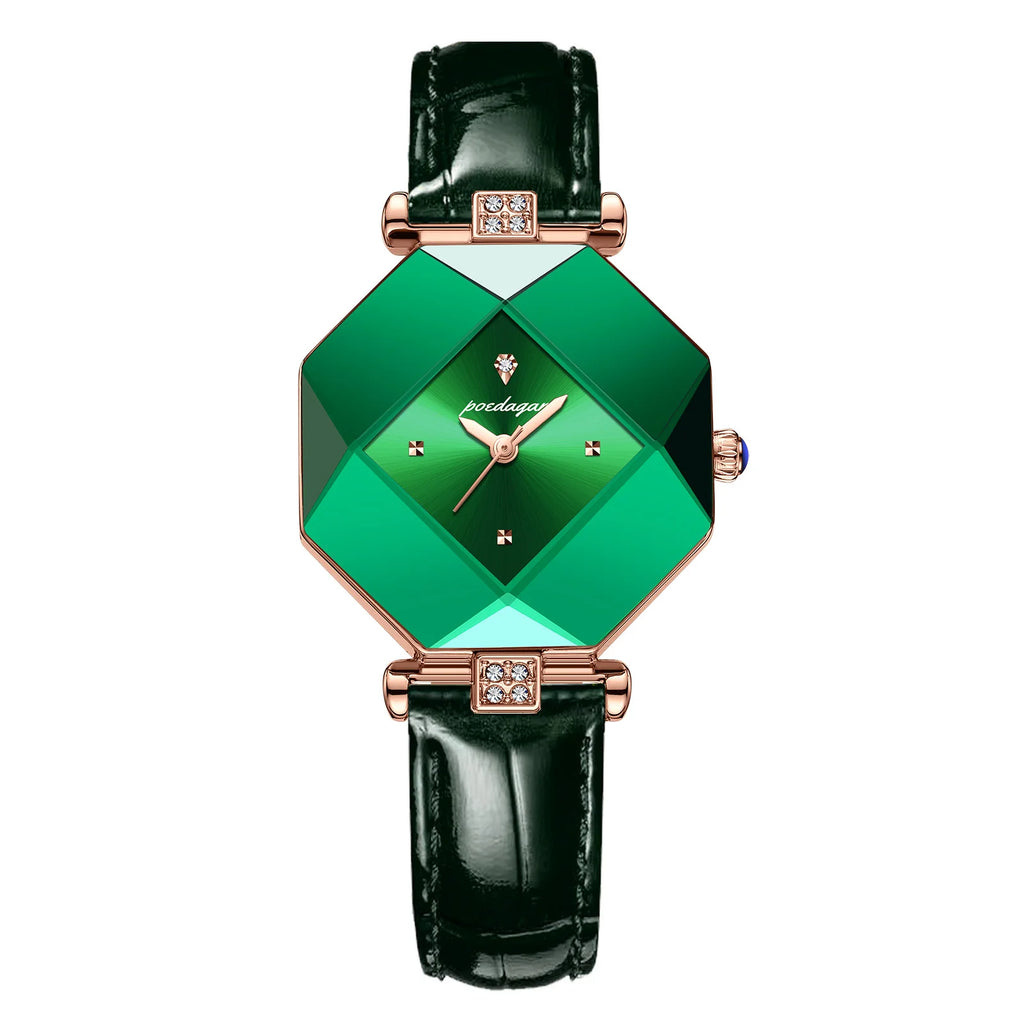 Poedagar Women Fashion Green Leather Watches Elegant Diamond Luxury Quartz Ladies Wristwatch Waterproof Watch for Womens Opp Bag