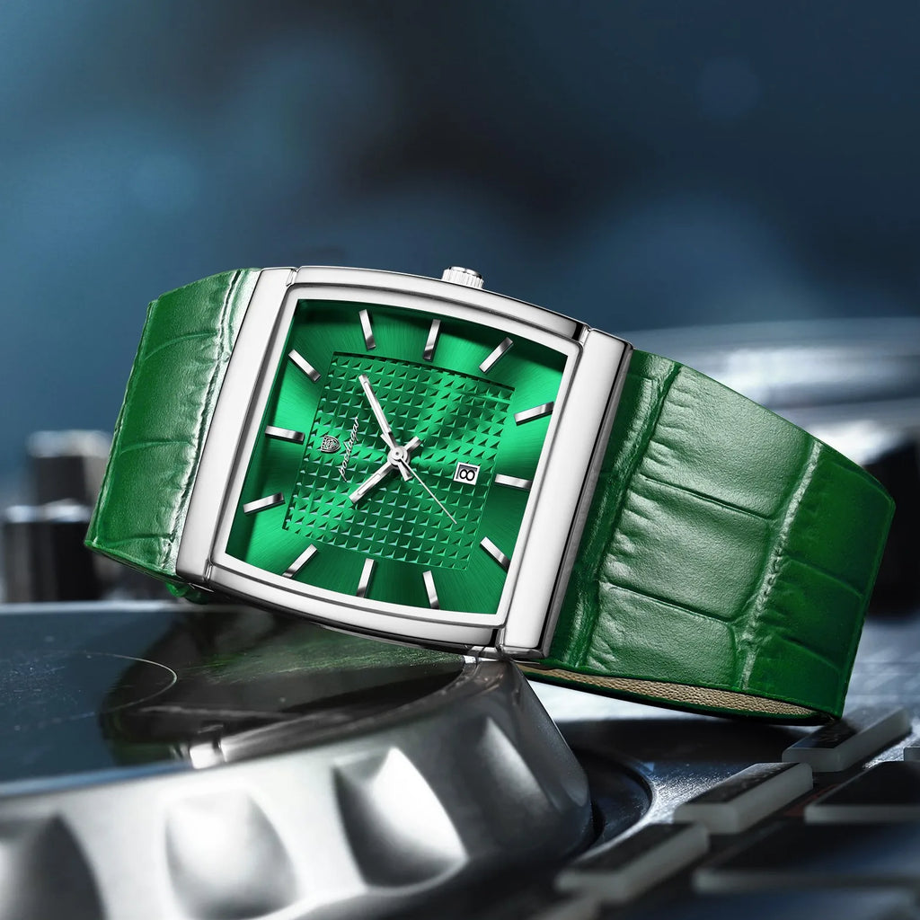 Poedagar 885 Luxury Mens Watch Leather Strap Green Dial Quartz Watches Business Waterproof Wristwatch for Men Factory Direct