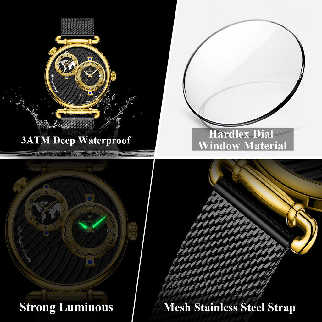 Poedagar 848 Mens Two-Tone Watch Dual Time Zone Retro Dial Mesh Stainless Steel Luminous Waterproof Formal Business Montre Homme
