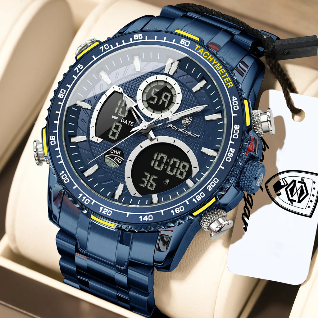 Poedagar E127 Men's Watch Luxury Analog-Digital Watches Dual Display Herrenuhr Luminous Waterproof Stainless Steel Watch for Men