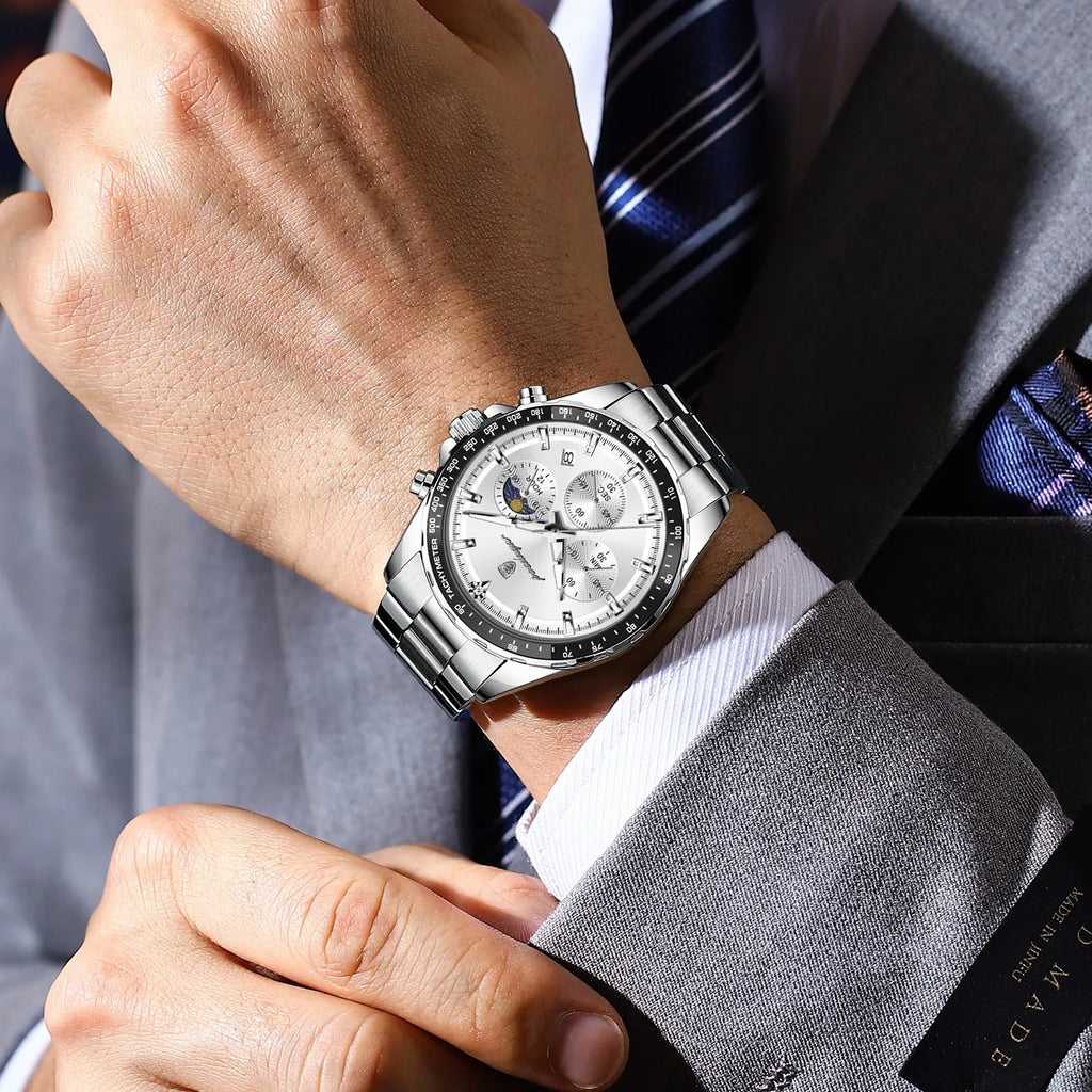 Poedagar 879 Men's Chronograph Watch Luxury Original Waterproof Luminous Quartz Stainless Steel Watches for Men Montre Homme
