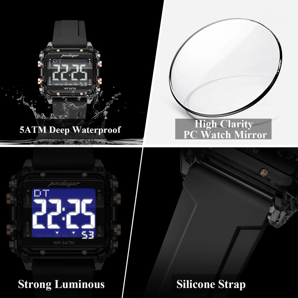 Poedagar E123 Trendy Mens Watch Original Digital LED Display 50M Waterproof Multifunction Electronic Sports WristWatch Reloj