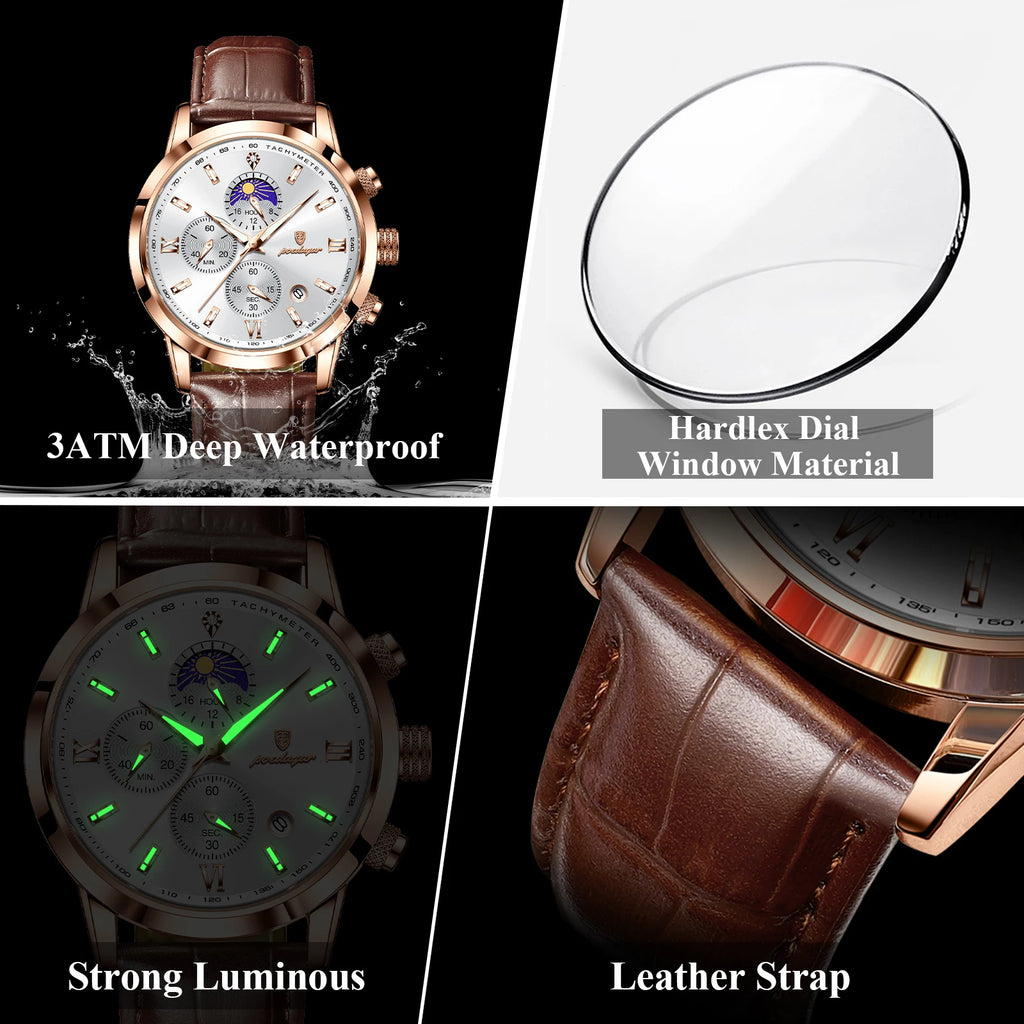 Poedagar 882 Luxury Men's Watch Business Leather Strap Montre Waterproof Luminous Date Reloj Chronograph Quartz Watch for Men