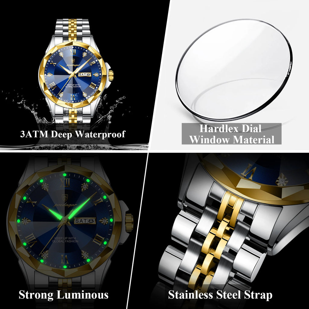 Poedagar 698 Luxury Waterproof Luminous Business Men Quartz Watches Stainless Steel Strap Calendar Watch for Men